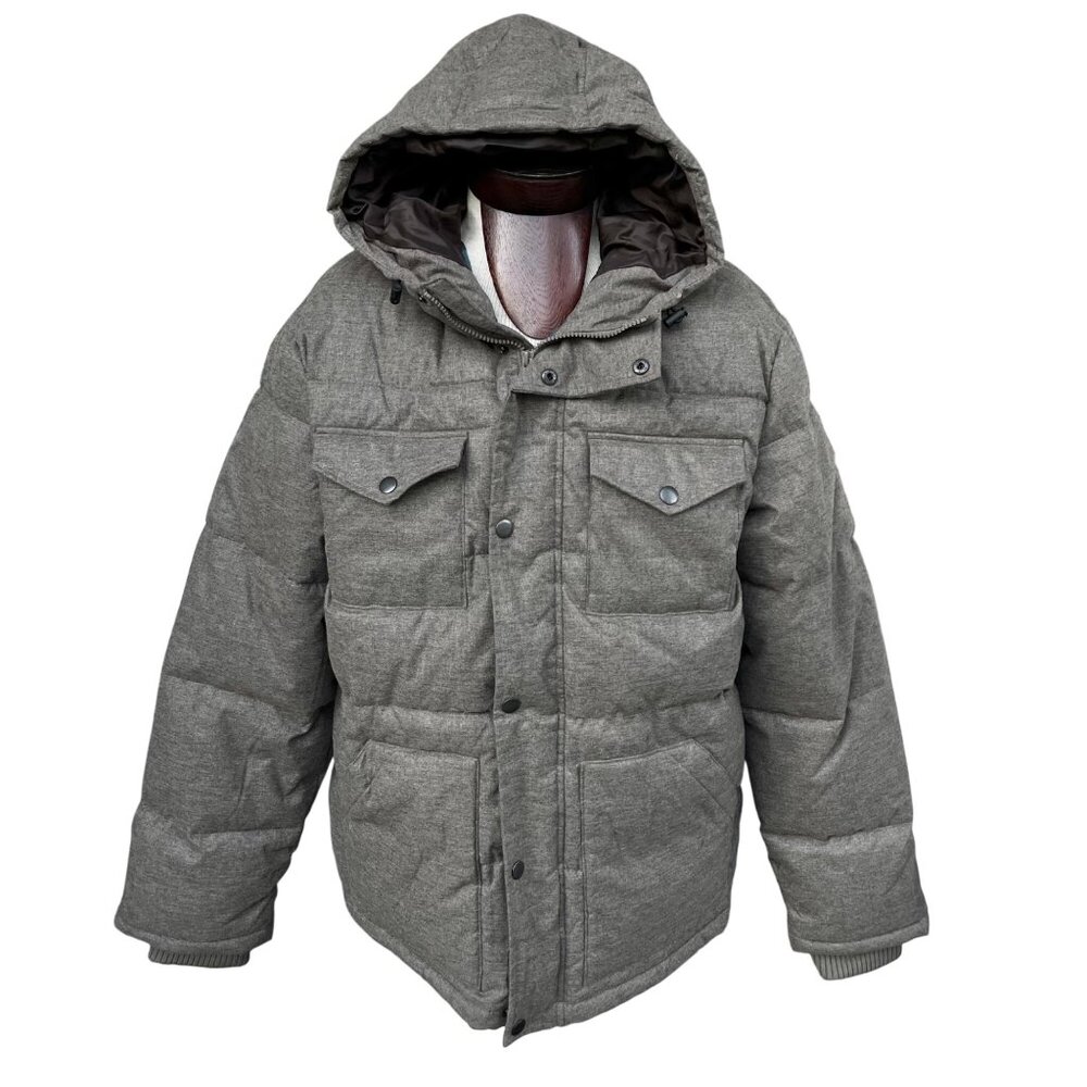 Old Navy Mens Heritage Puffer Jacket Gray Coat Hood Zip & Snap Closure Size XL